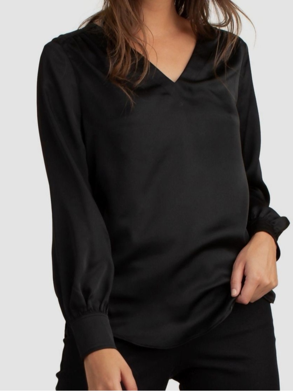 Black V-Neck Satin Puff Sleeve Blouse Size Small